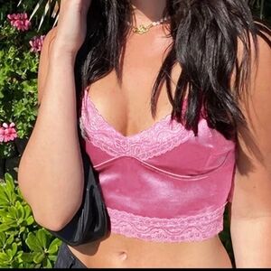 CROP TOP LACE & SATIN PINK W/SPIGETTI STRAPS BABYDOLL TOP